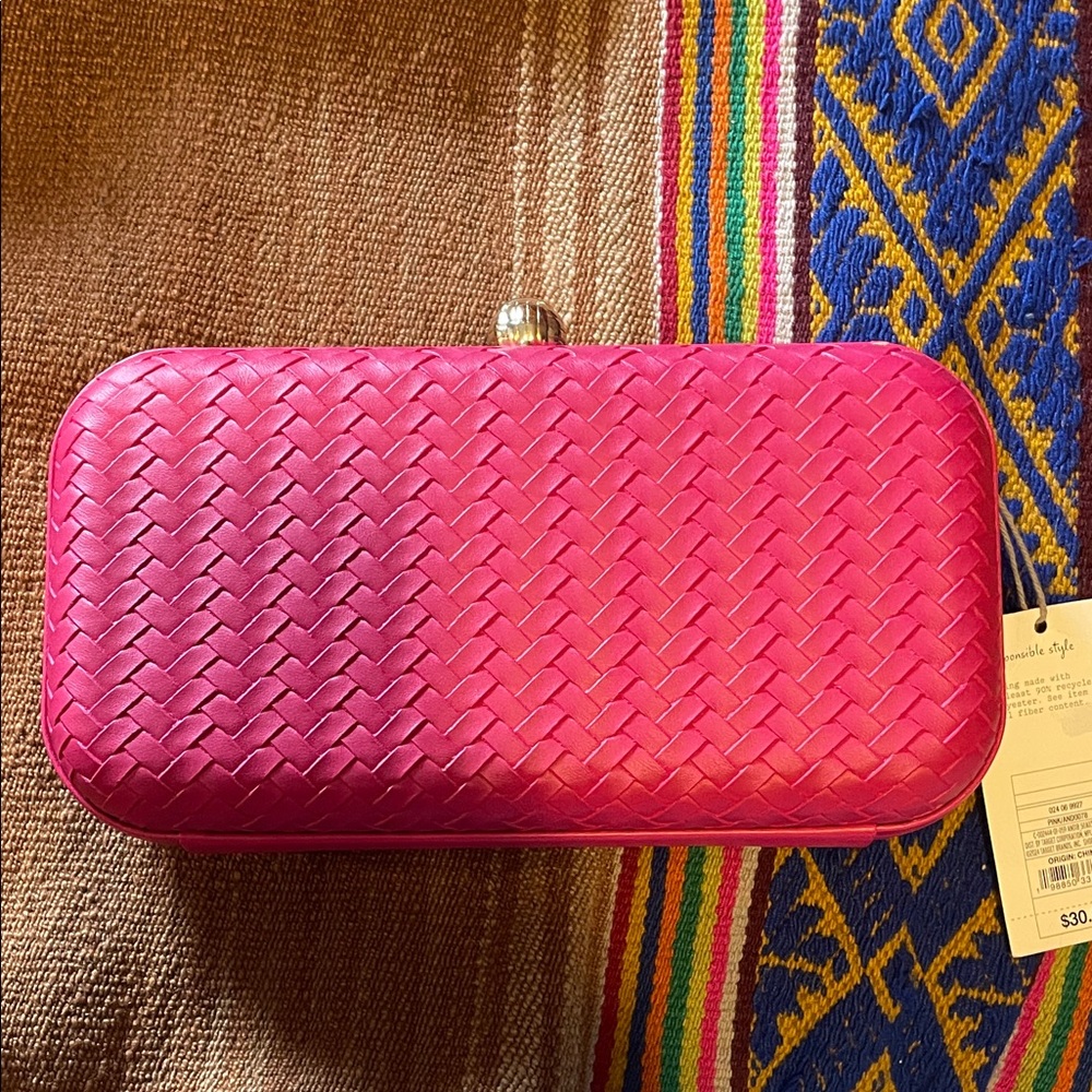 a new day Pink Woven Clutch with Polished Frame